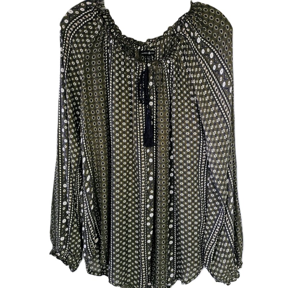 🌿 Maison Coupe Boho Blouse – Flowy Rayon, Tassel Tie Neck & Floral Charm - XL
